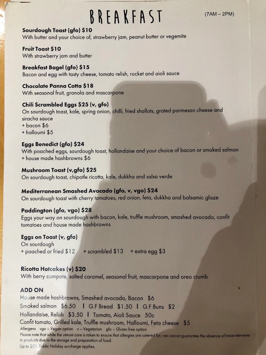 Menu, Paddington Cafe