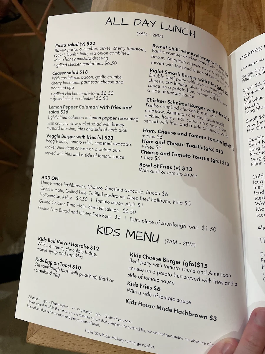 Menu, Paddington Cafe