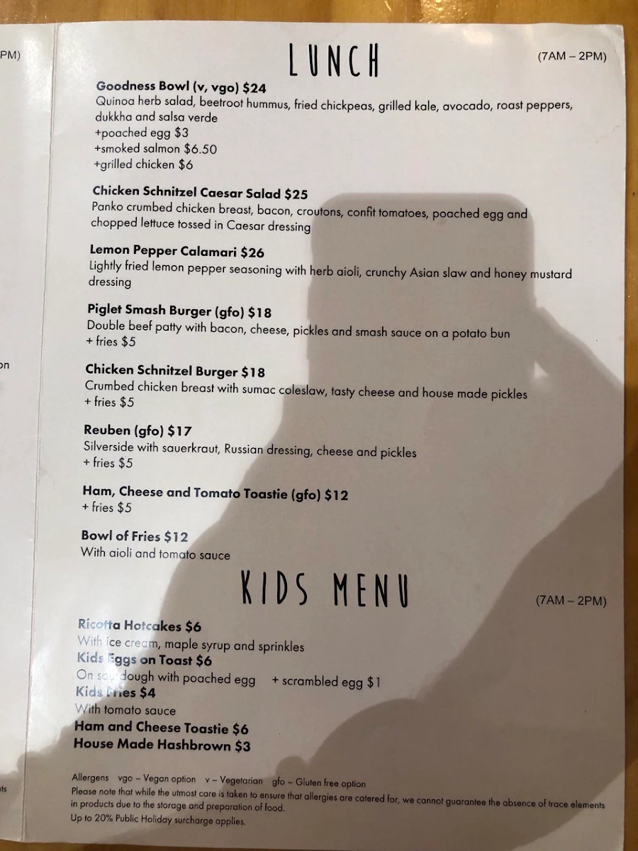 Menu, Paddington Cafe