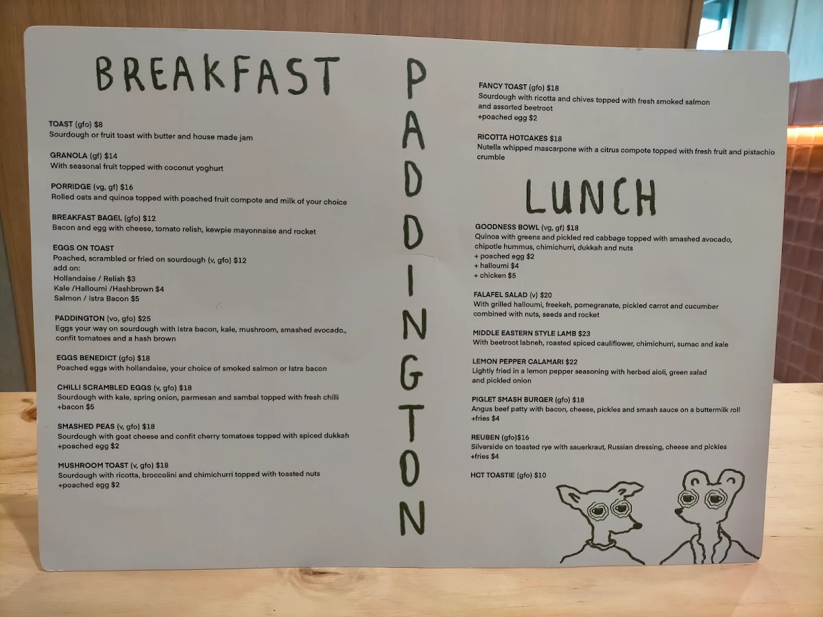 Menu, Paddington Cafe