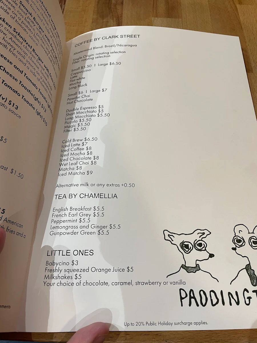Menu, Paddington Cafe