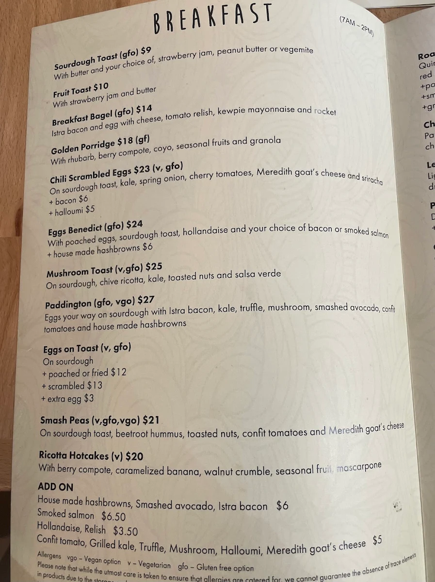 Menu, Paddington Cafe