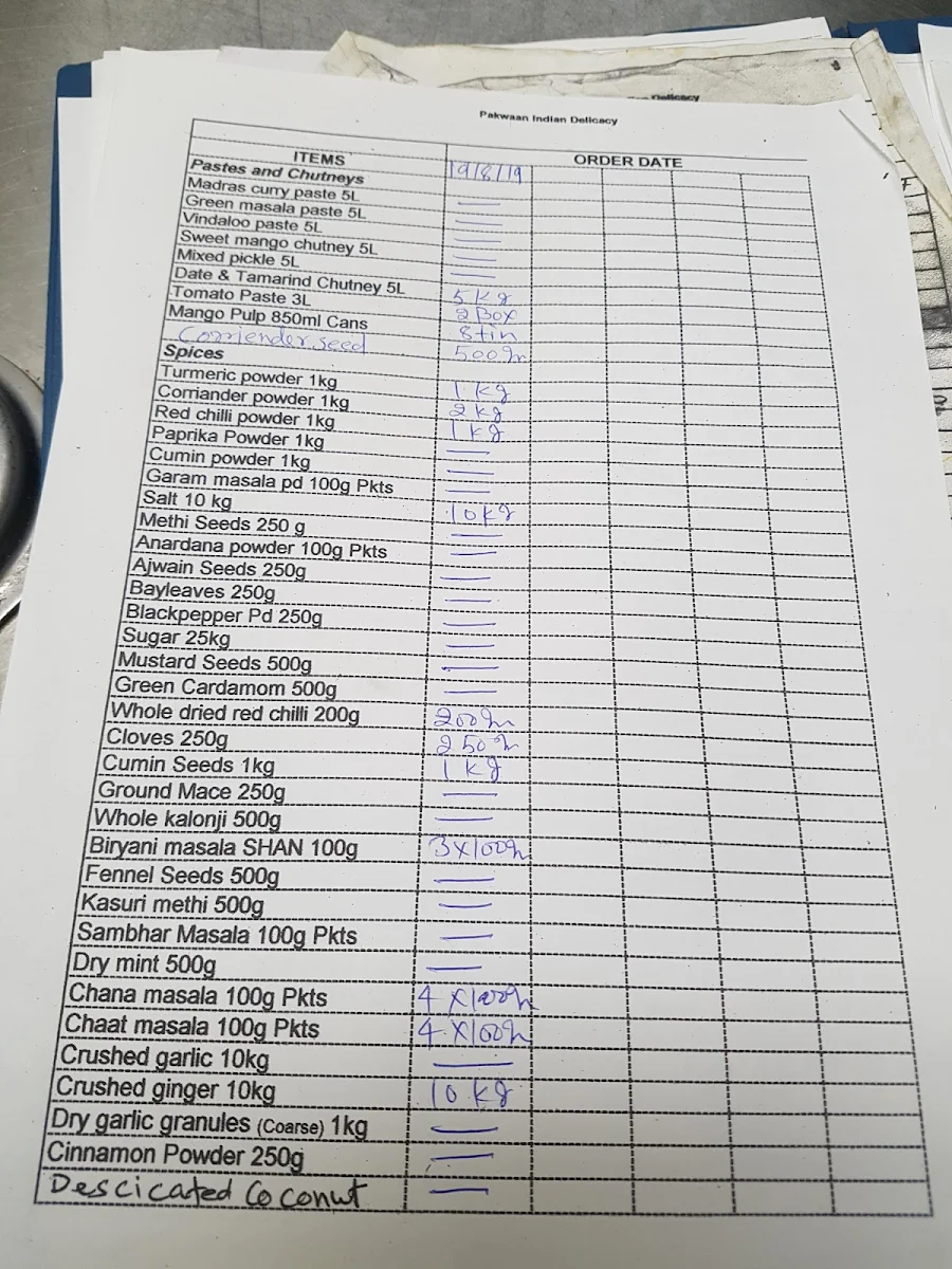 Menu, Pakwaan Indian Hornsby
