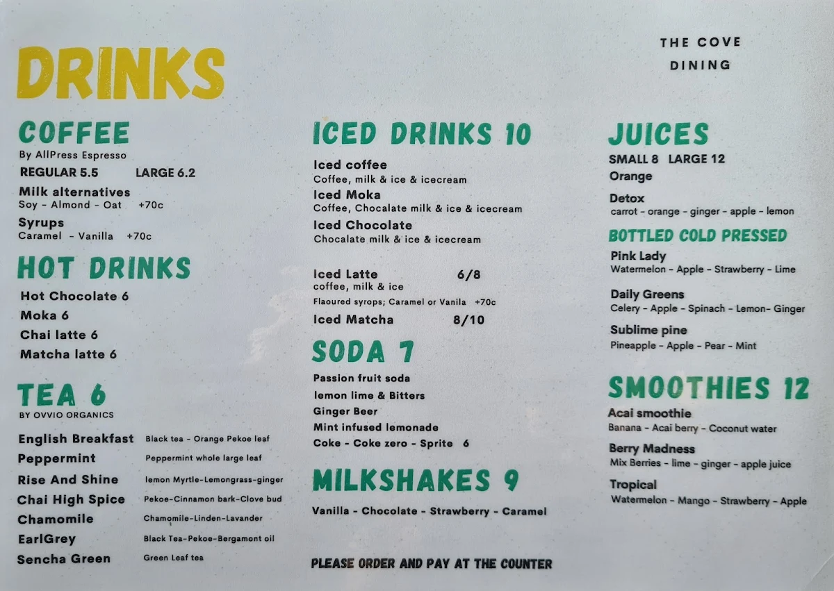 Menu, The Cove Dining
