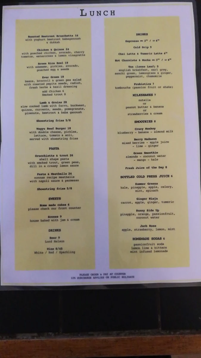Menu, The Cove Dining