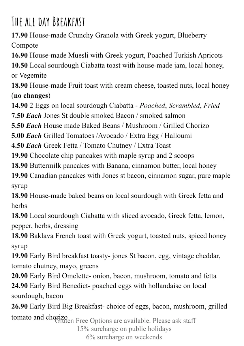 Menu, Early Bird Cafe