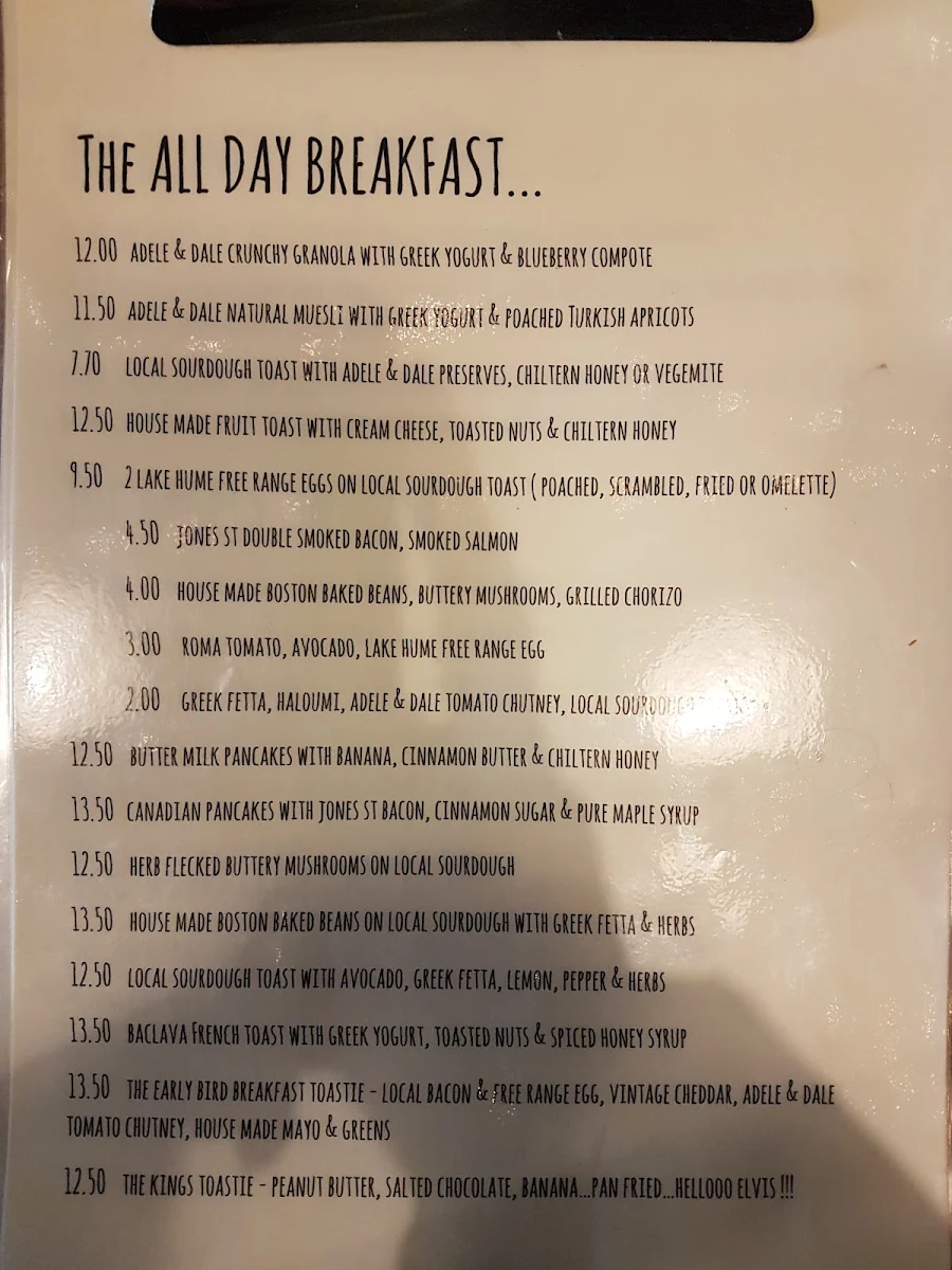 Menu, Early Bird Cafe