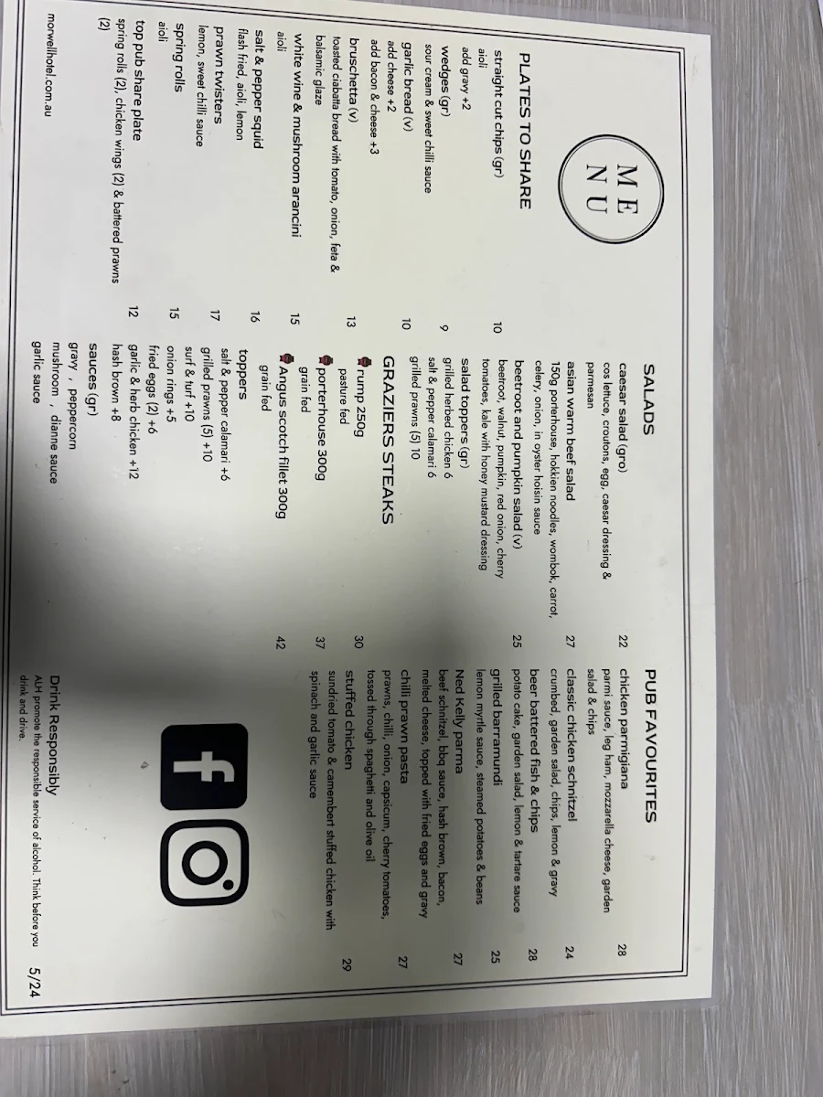 Menu, Morwell Hotel