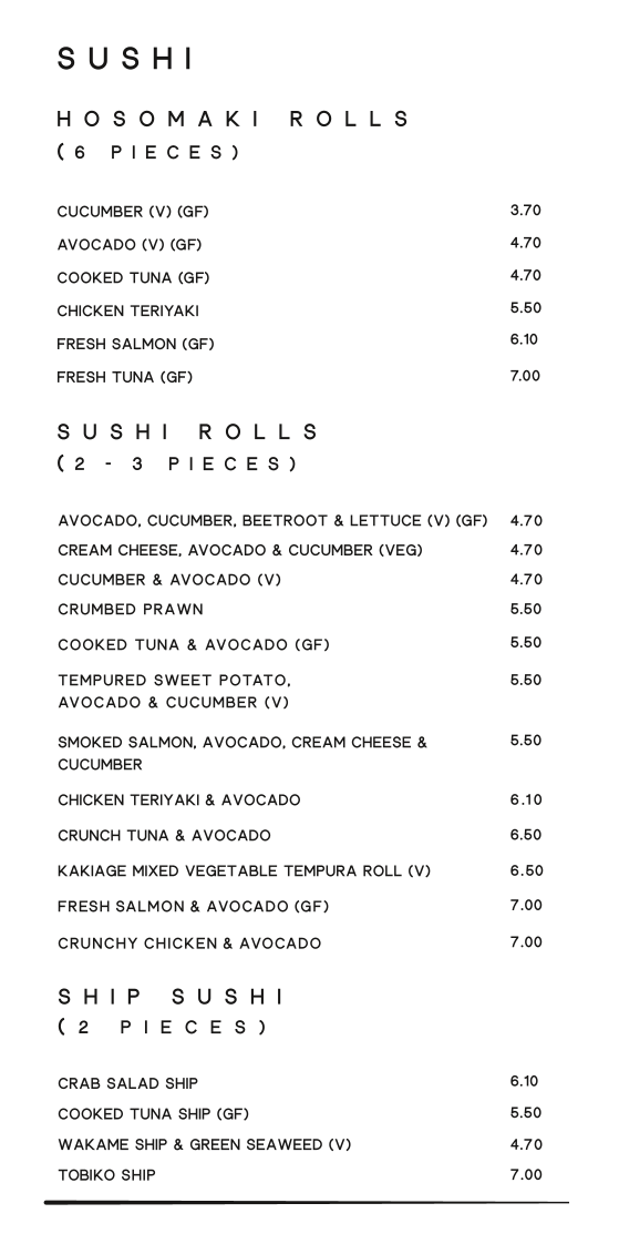 Menu, Kinoko Japanese Restaurant