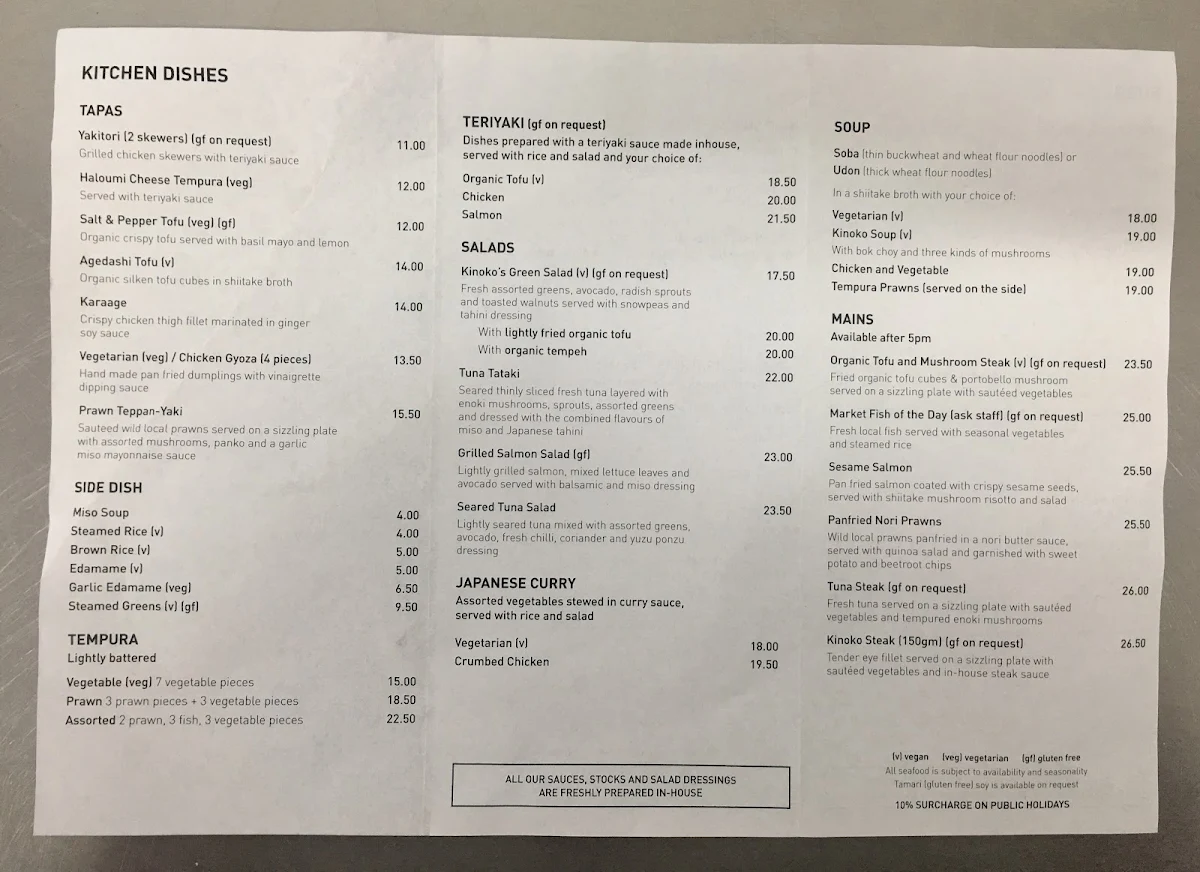 Menu, Kinoko Japanese Restaurant