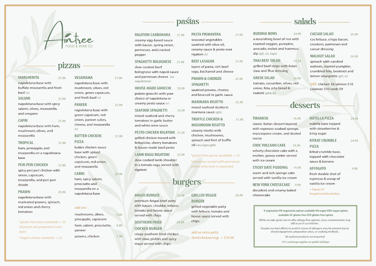 Menu, Aintree Food & Wine Co