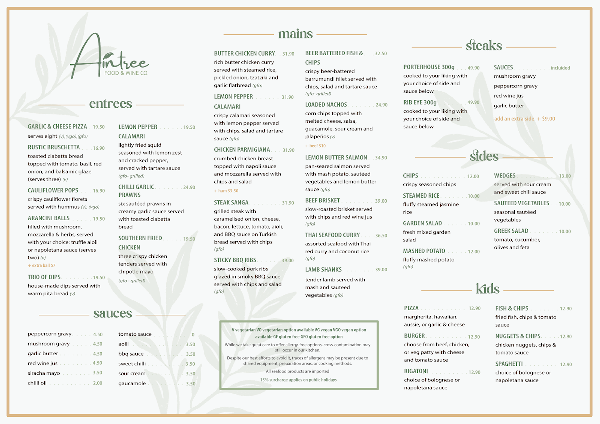 Menu, Aintree Food & Wine Co