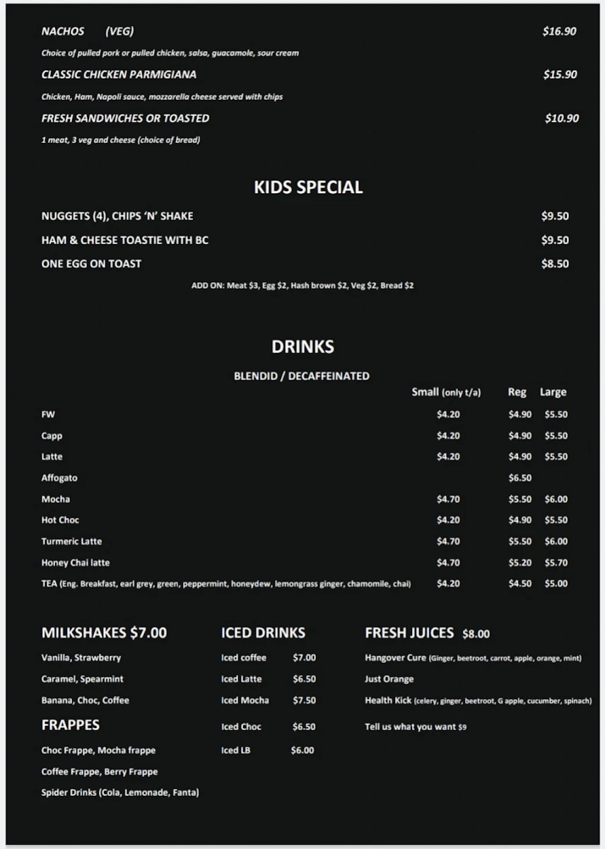 Menu, Crema Crew Rockingham
