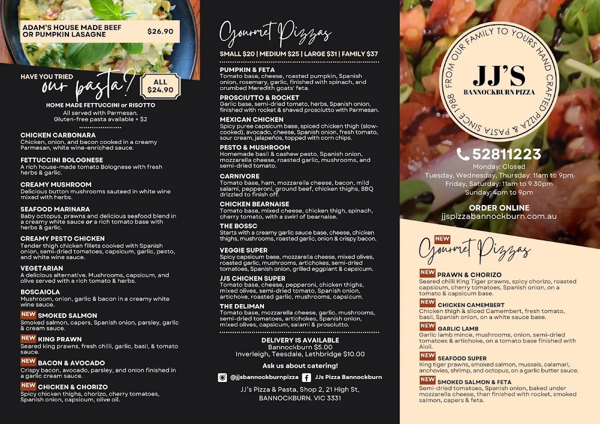 Menu, JJ'S BANNOCKBURN PIZZA