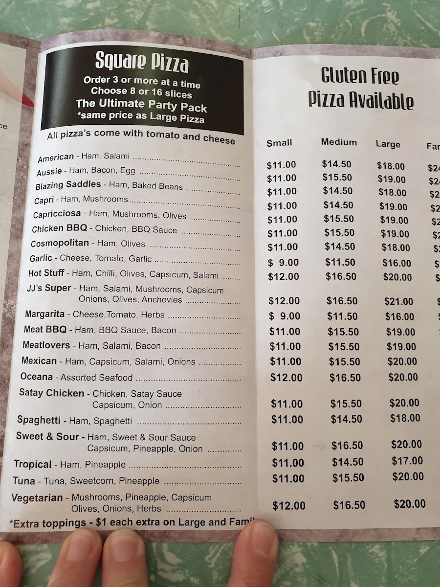 Menu, JJ'S BANNOCKBURN PIZZA