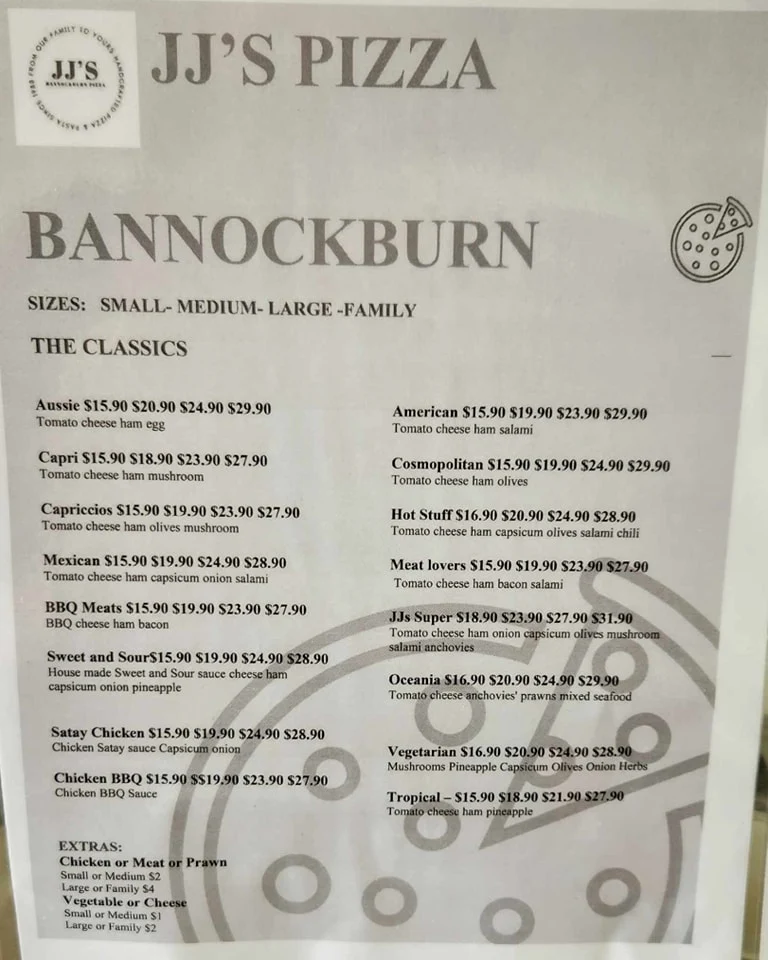 Menu, JJ'S BANNOCKBURN PIZZA