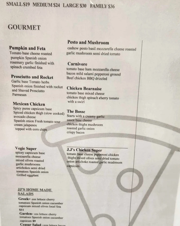 Menu, JJ'S BANNOCKBURN PIZZA