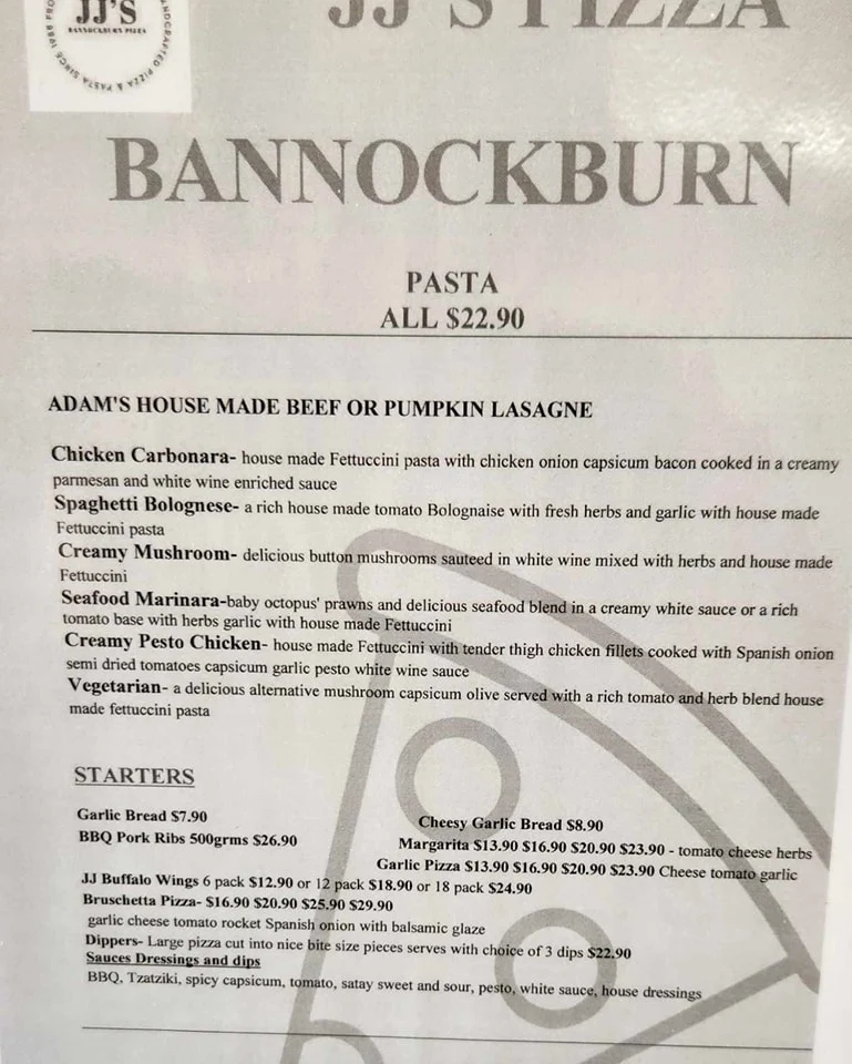 Menu, JJ'S BANNOCKBURN PIZZA