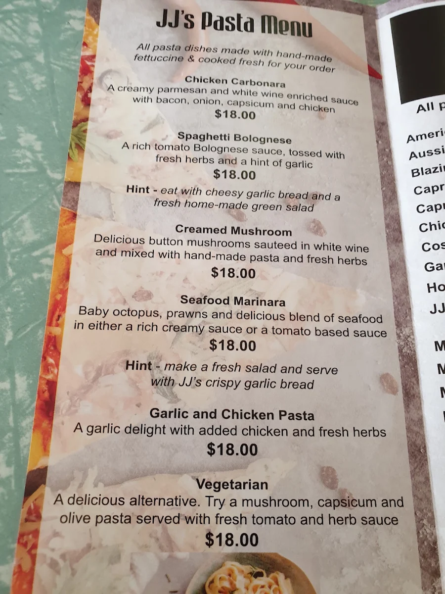 Menu, JJ'S BANNOCKBURN PIZZA