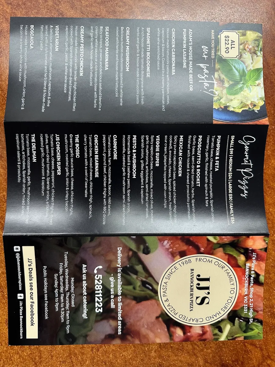 Menu, JJ'S BANNOCKBURN PIZZA