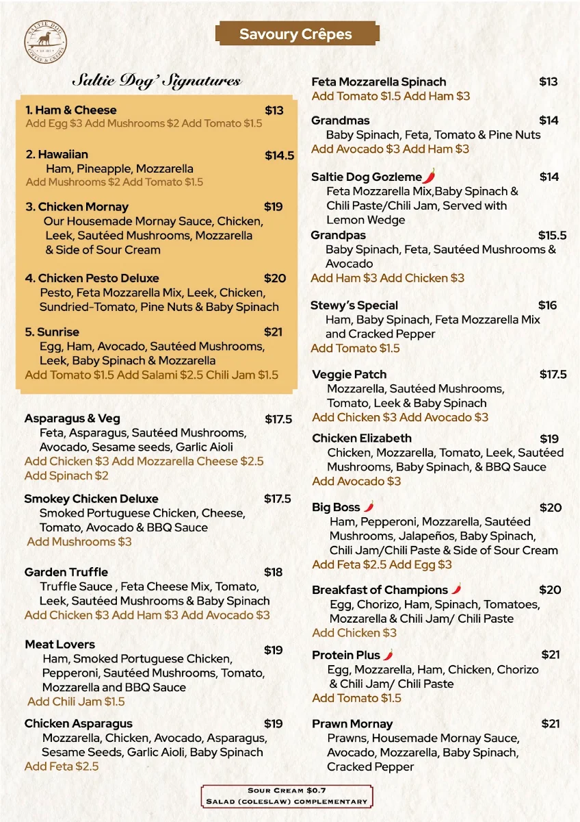 Menu, Saltie Dog - Coffee & Crêpes