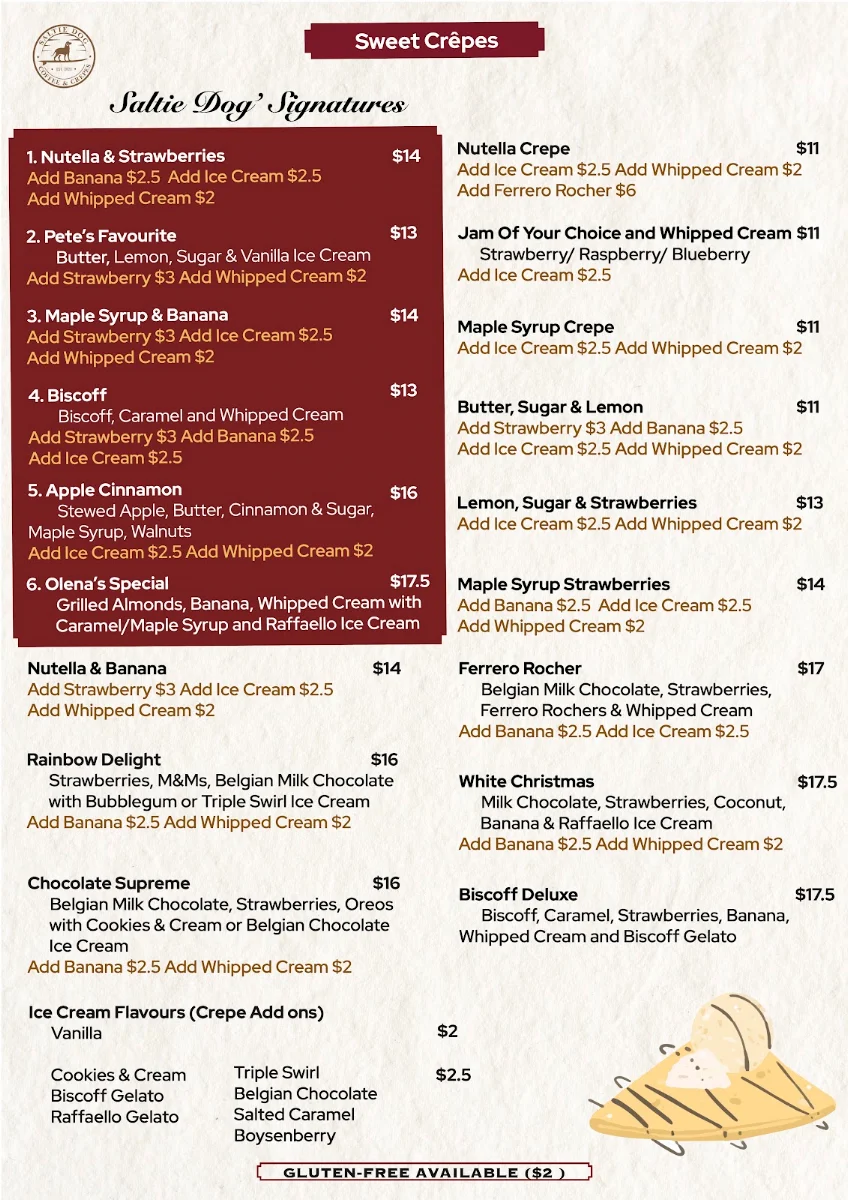 Menu, Saltie Dog - Coffee & Crêpes