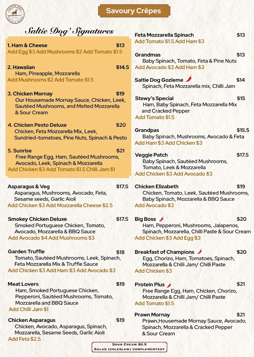 Menu, Saltie Dog - Coffee & Crêpes