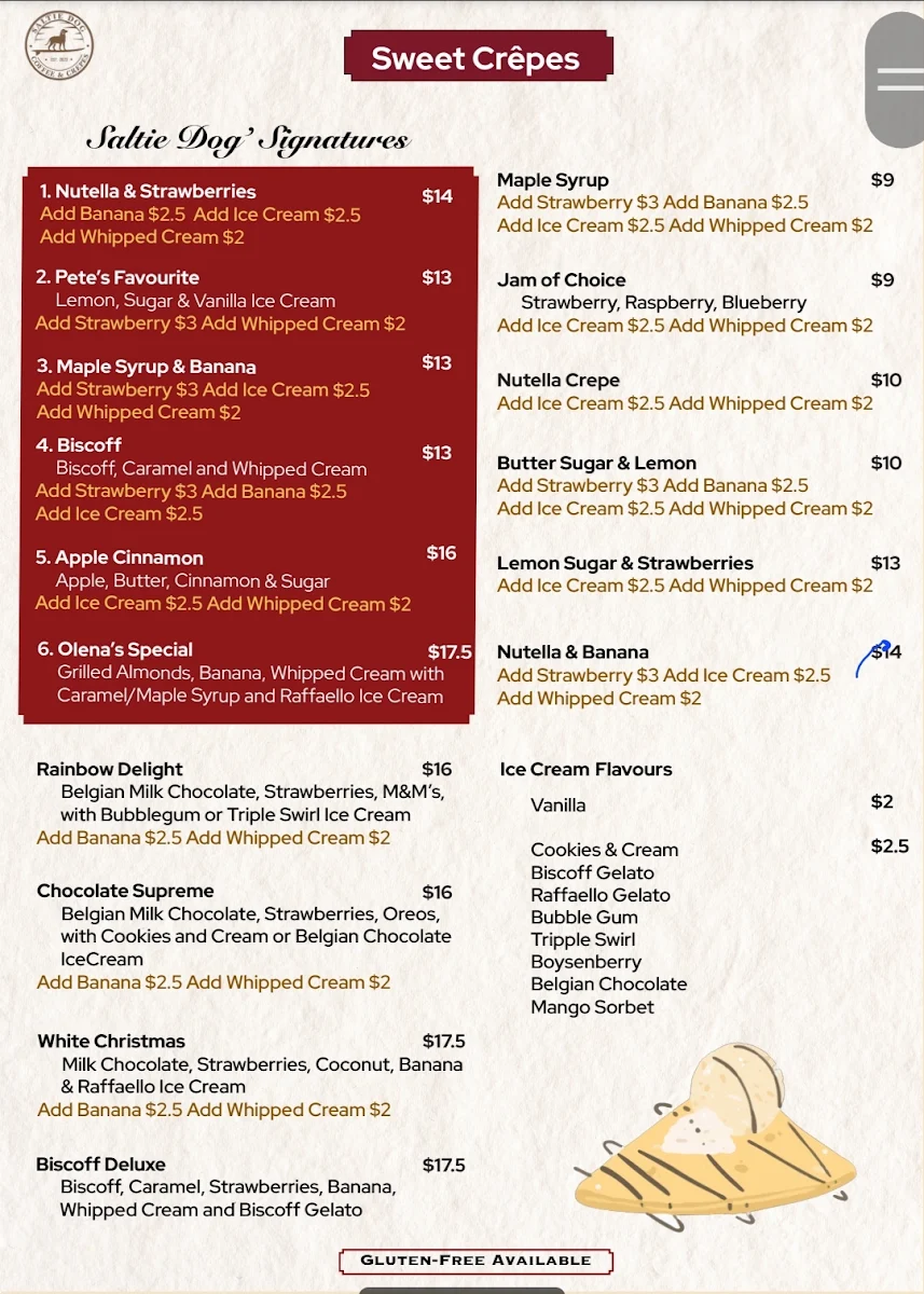 Menu, Saltie Dog - Coffee & Crêpes