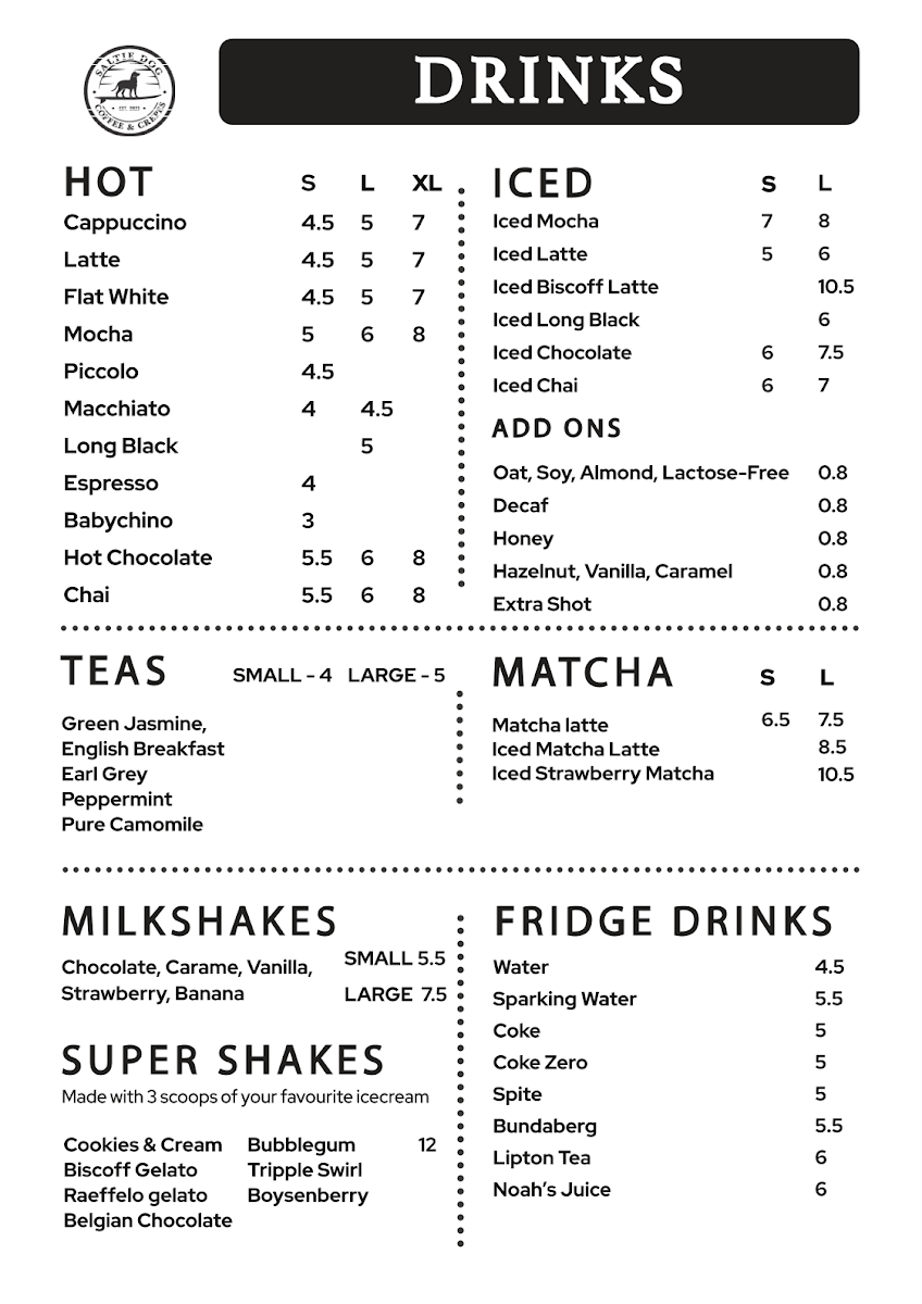 Menu, Saltie Dog - Coffee & Crêpes