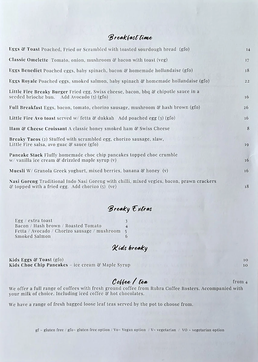 Menu, Little Fire