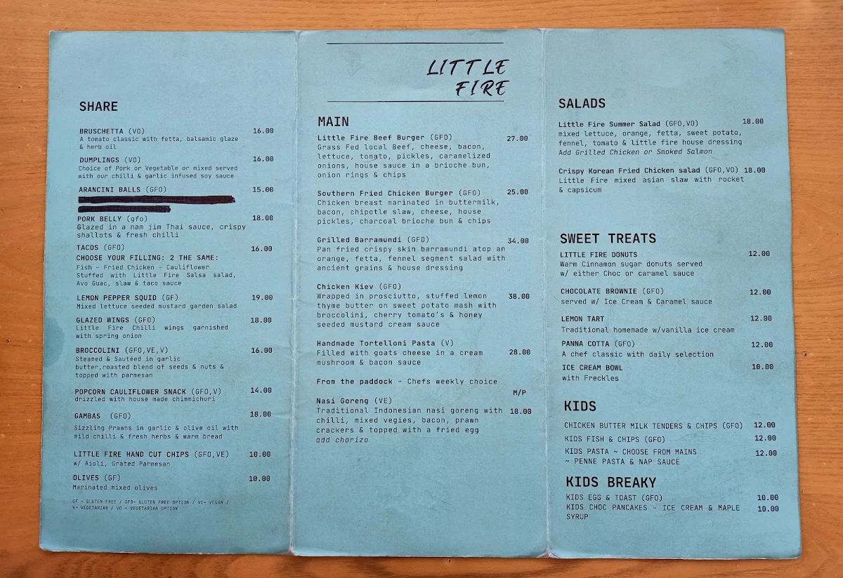 Menu, Little Fire