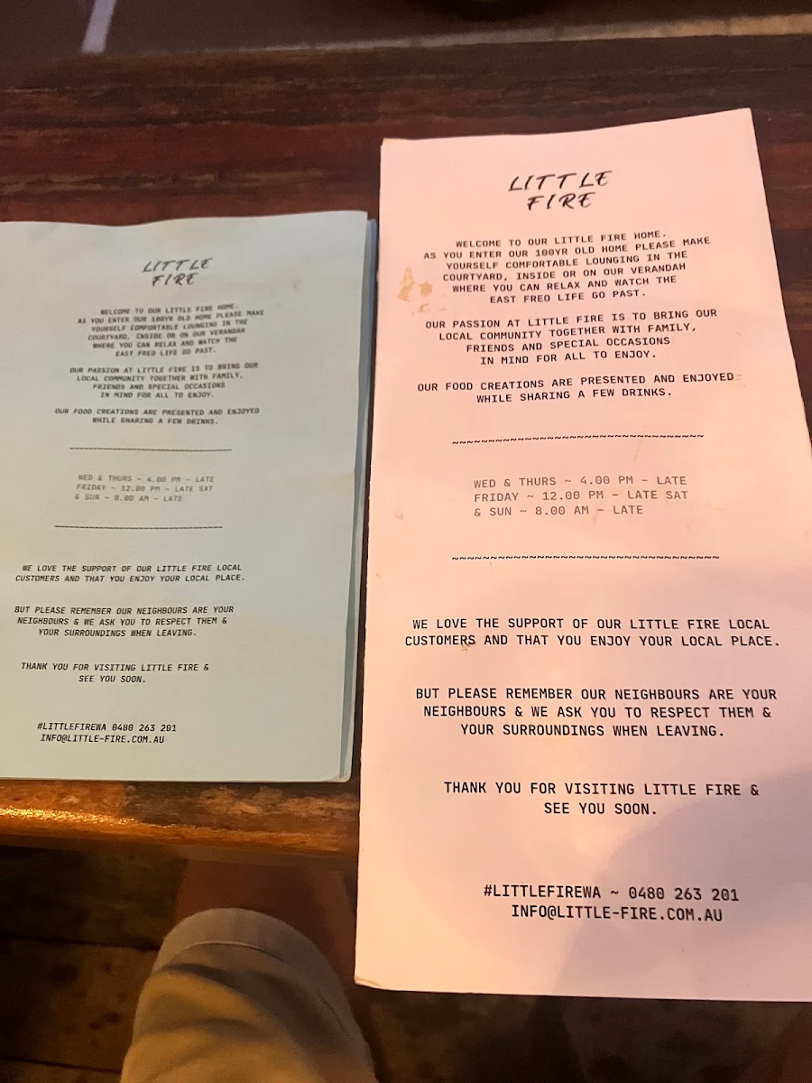 Menu, Little Fire