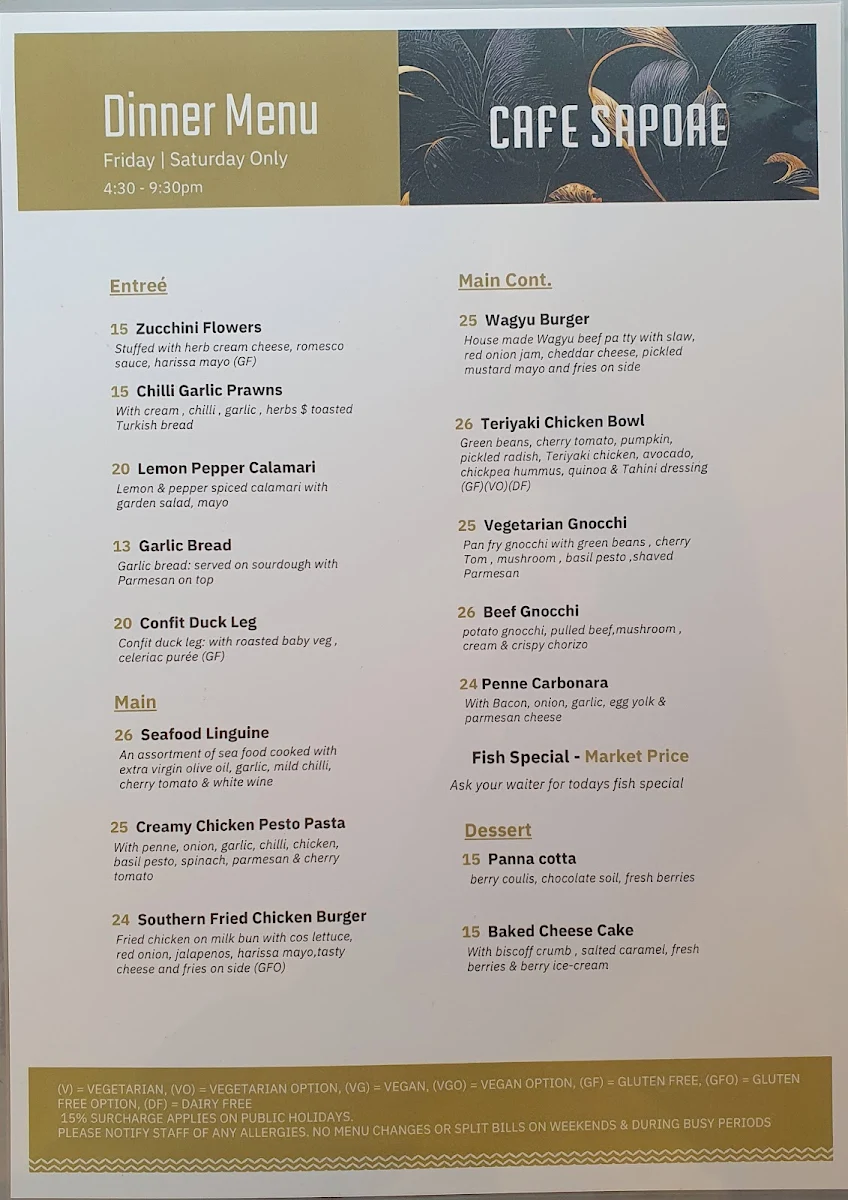 Menu, Cafe Sapore