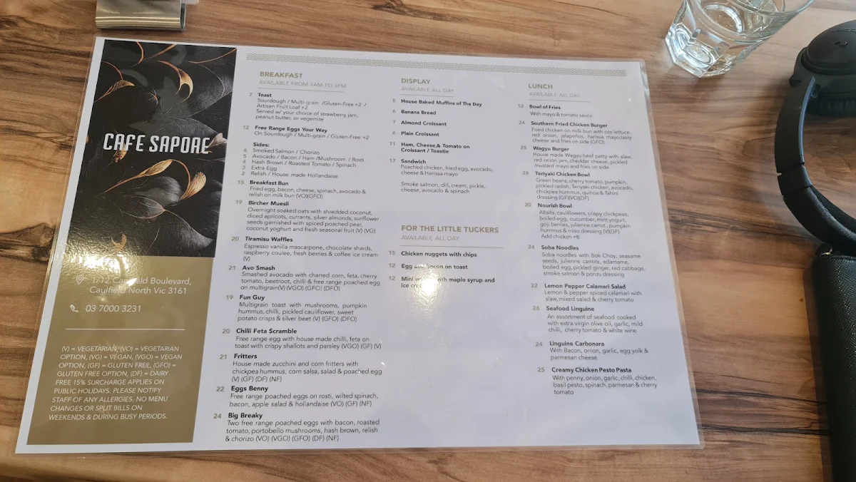 Menu, Cafe Sapore