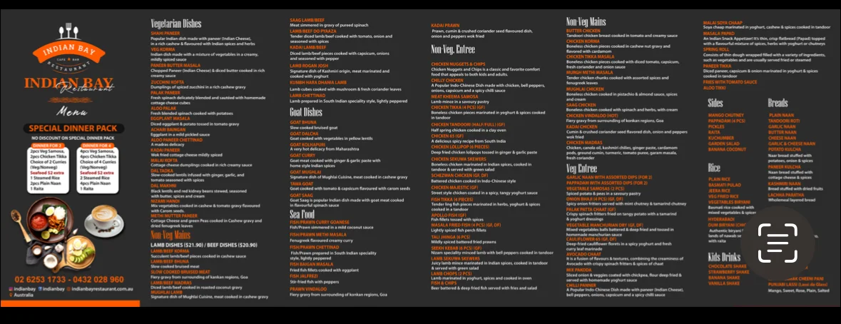 Menu, Indian Bay Restaurant & Bar