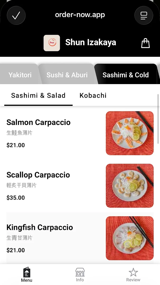 Menu, Shun Izakaya 日料店