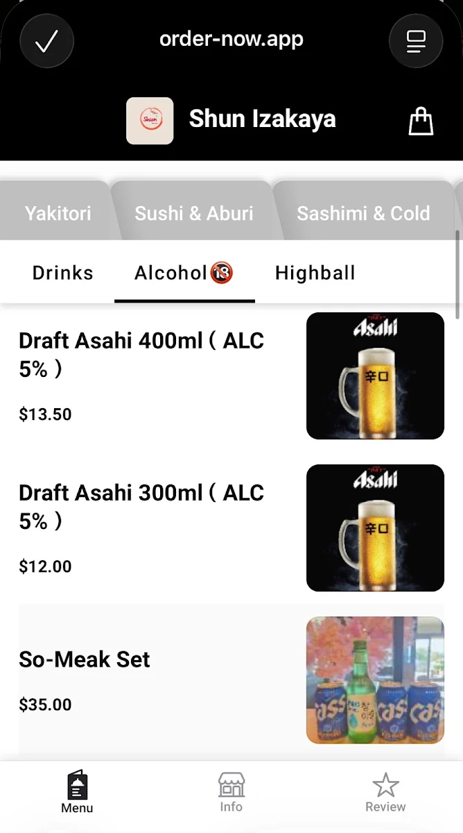 Menu, Shun Izakaya 日料店
