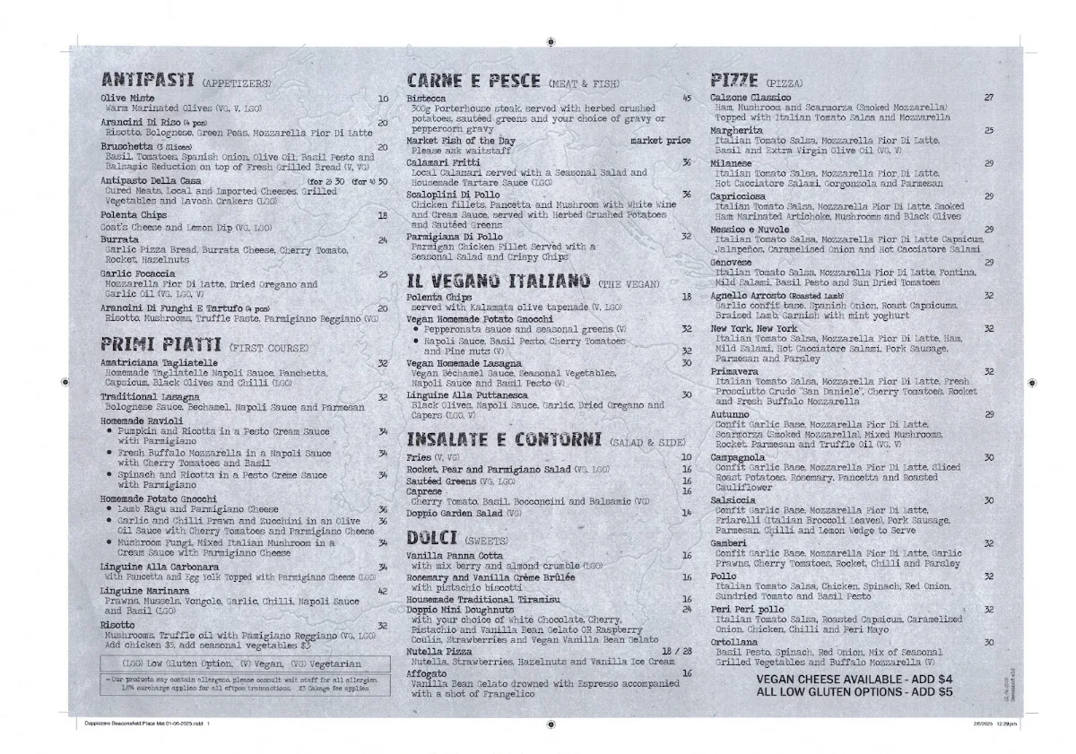 Menu, DoppioZero Pizzeria & Wine Bar