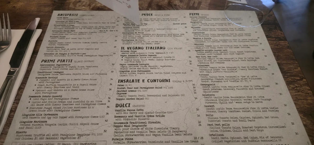 Menu, DoppioZero Pizzeria & Wine Bar