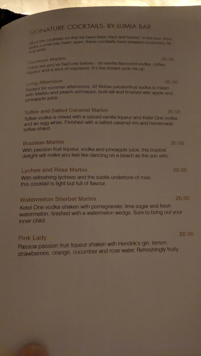 Menu, Lumia Bar
