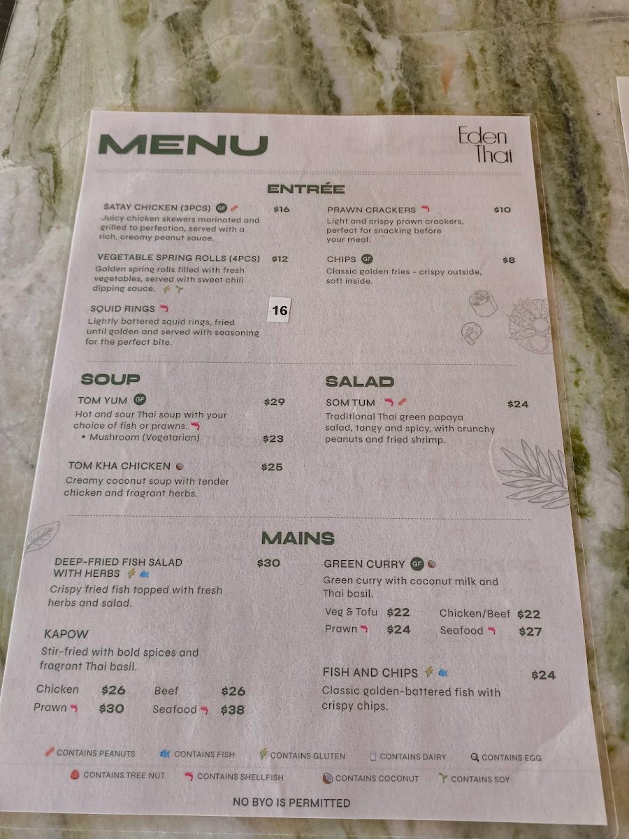 Menu, Eden Thai Restaurant