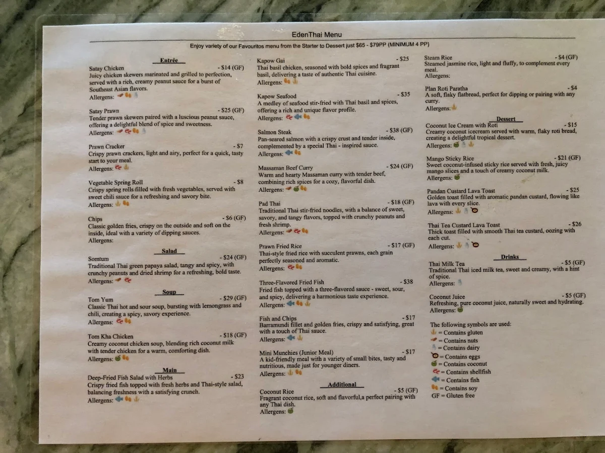 Menu, Eden Thai Restaurant