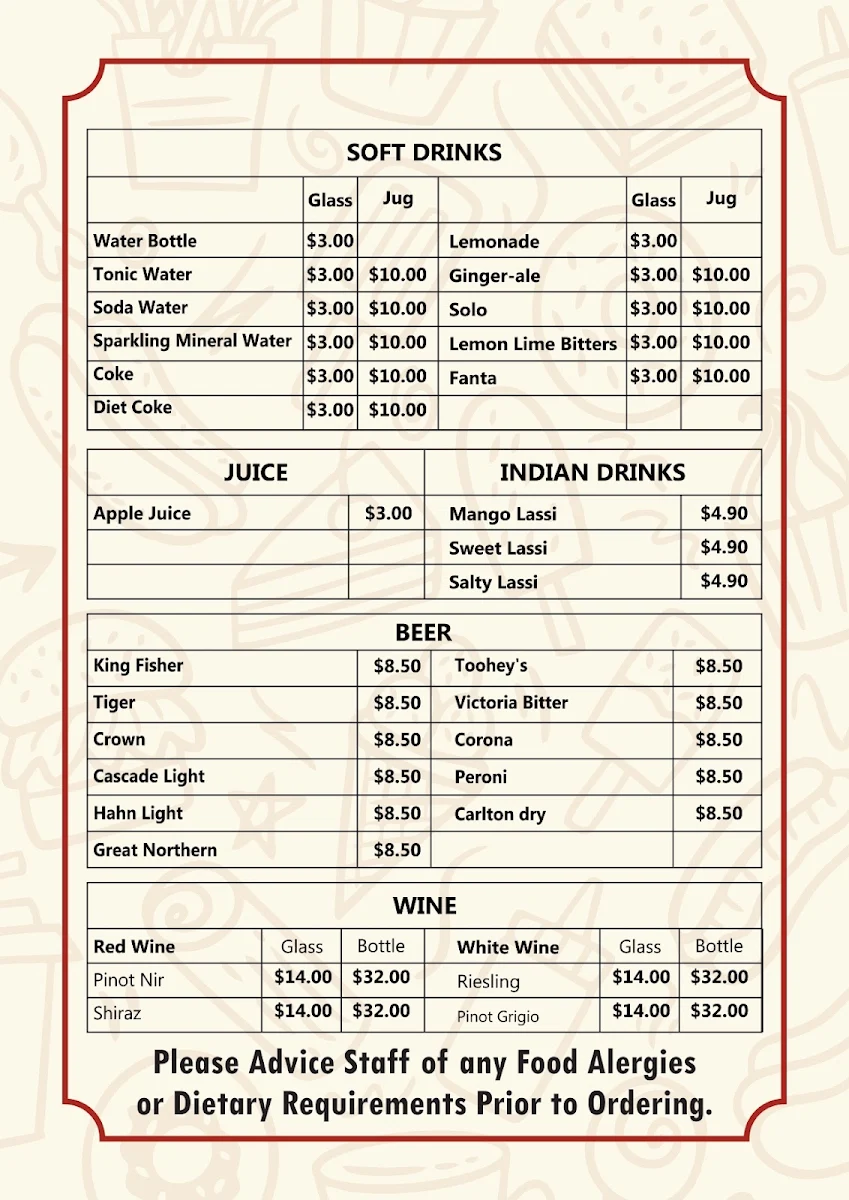 Menu, Mild To Spicy