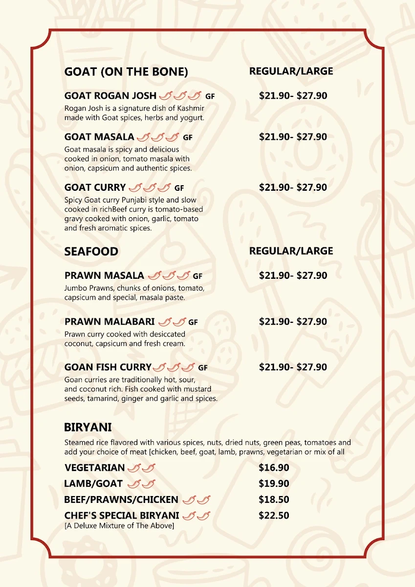Menu, Mild To Spicy