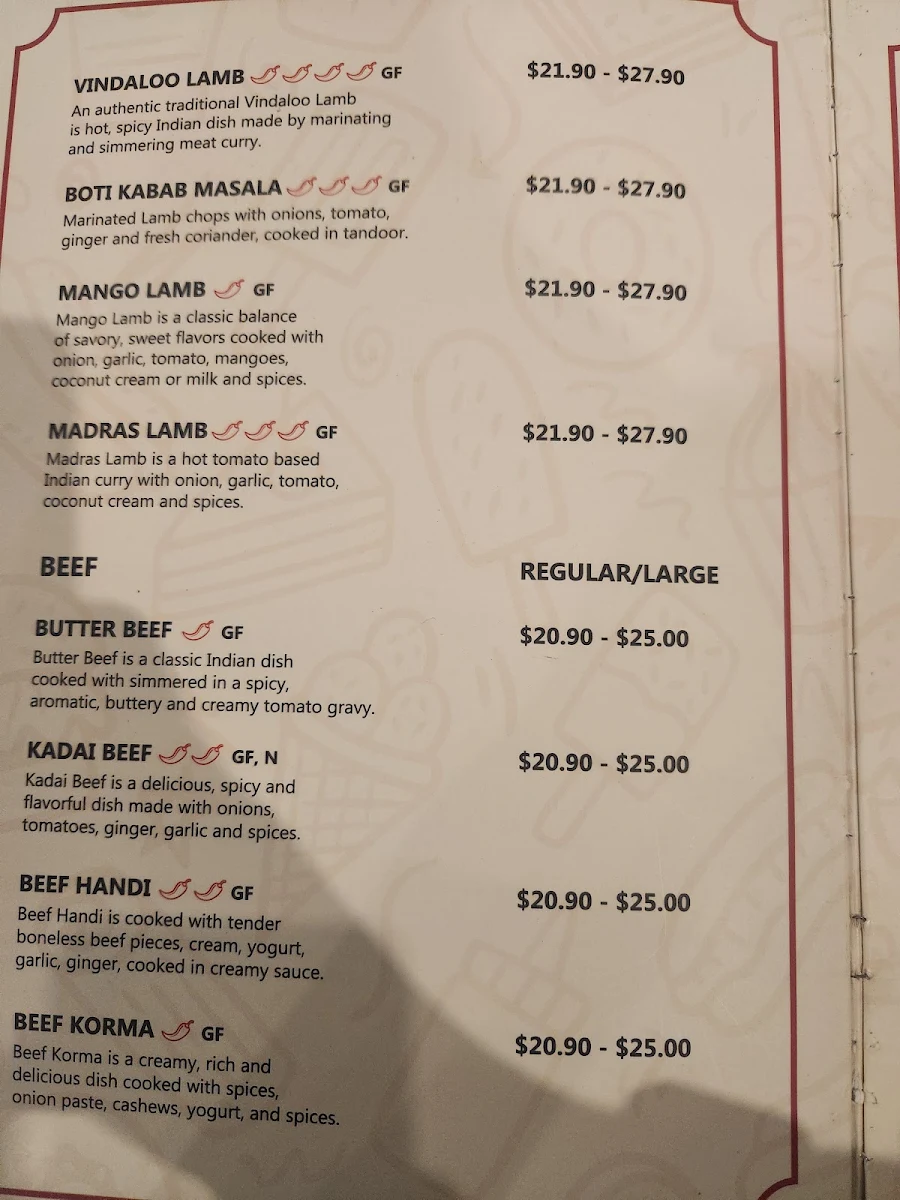Menu, Mild To Spicy