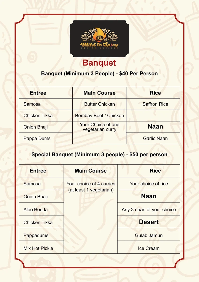 Menu, Mild To Spicy
