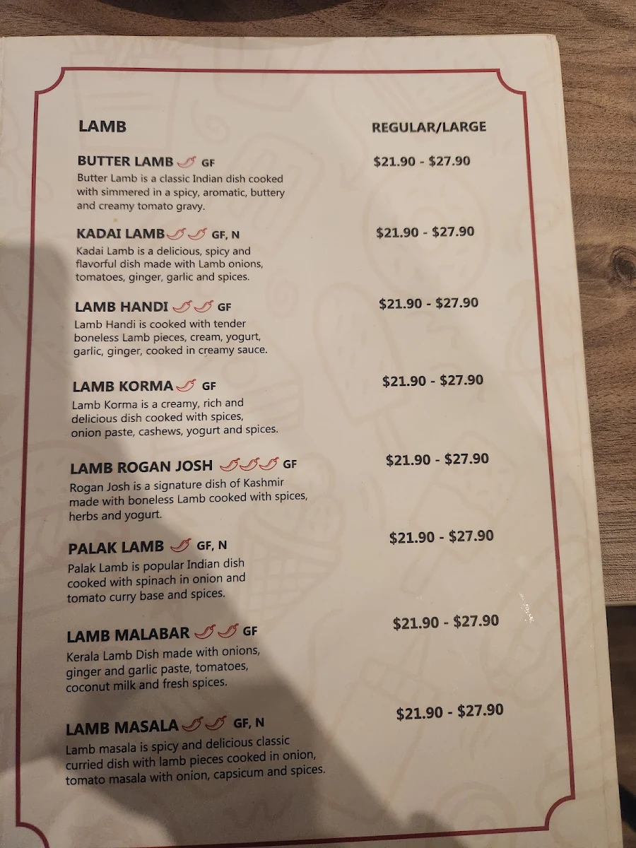 Menu, Mild To Spicy