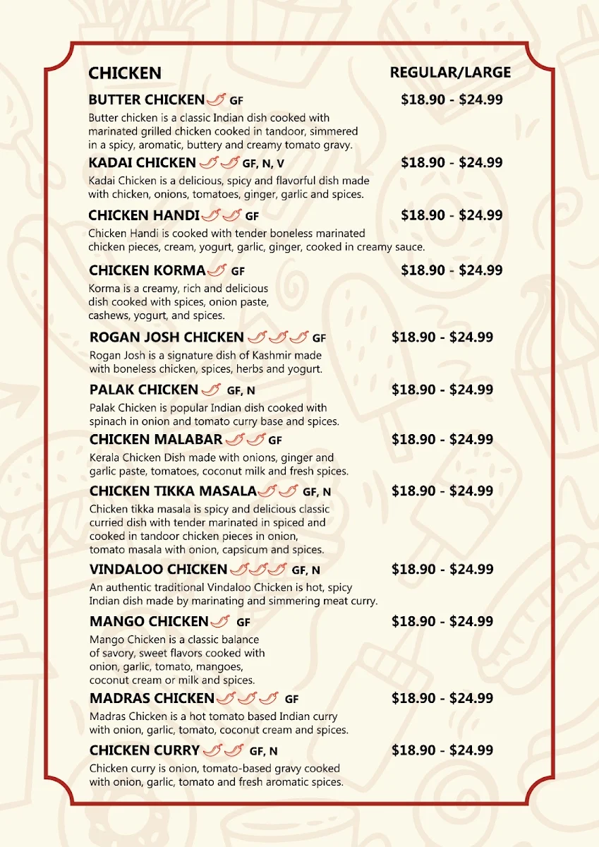 Menu, Mild To Spicy