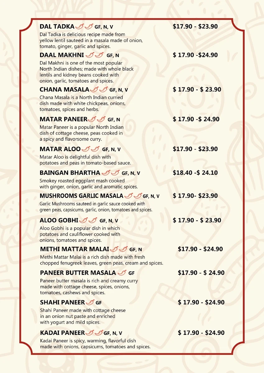 Menu, Mild To Spicy