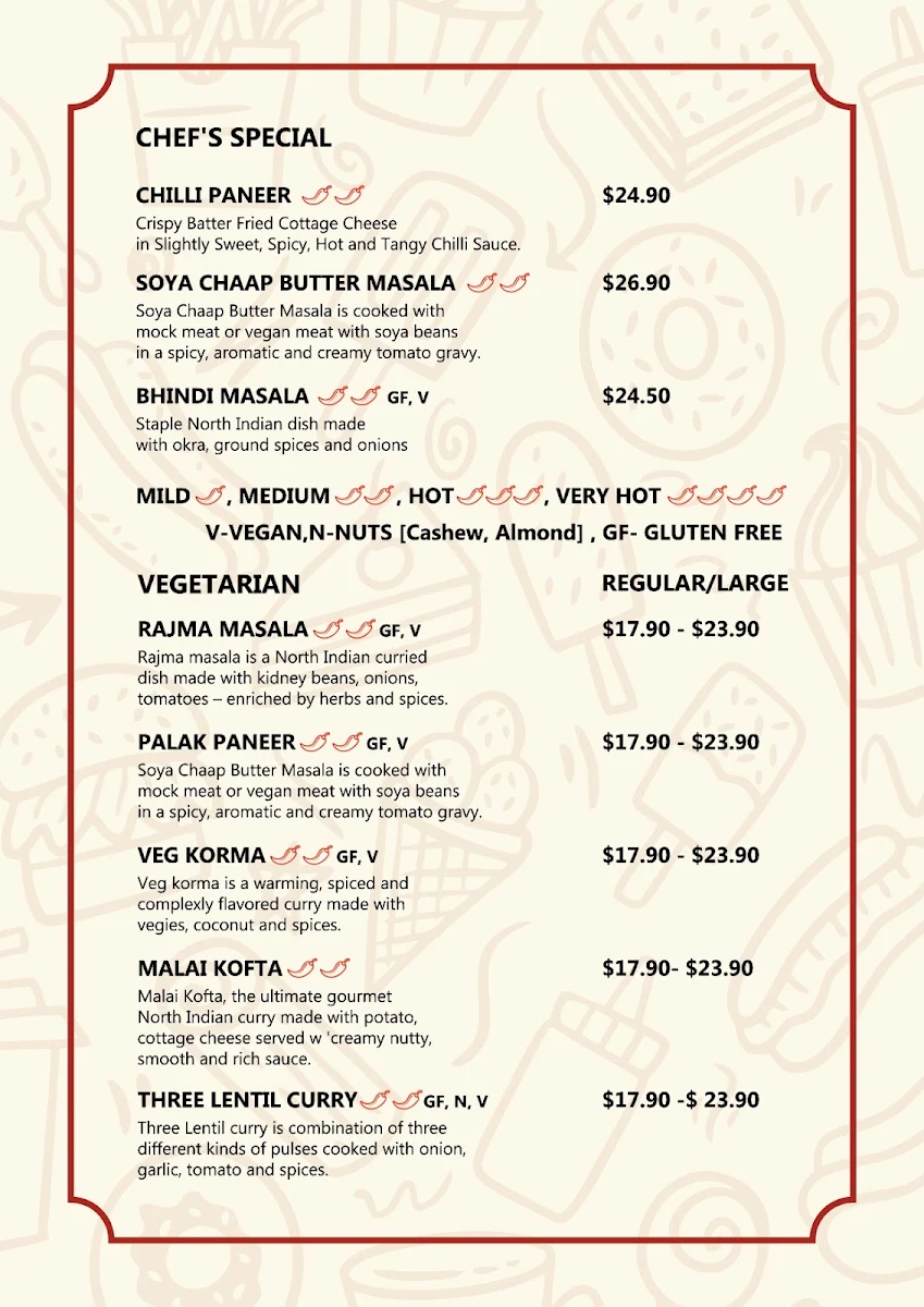 Menu, Mild To Spicy